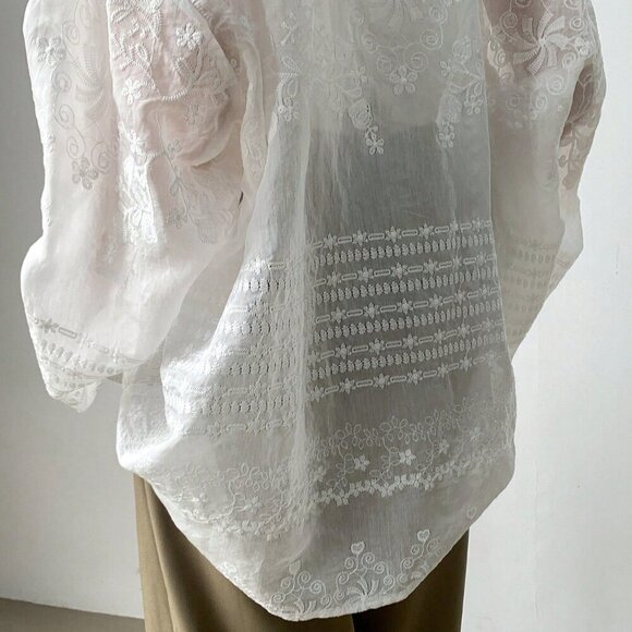 Beige Casual Women's Solid Asymmetric Sheer Lace Long Sleeve Blouse - Picture 9 of 9